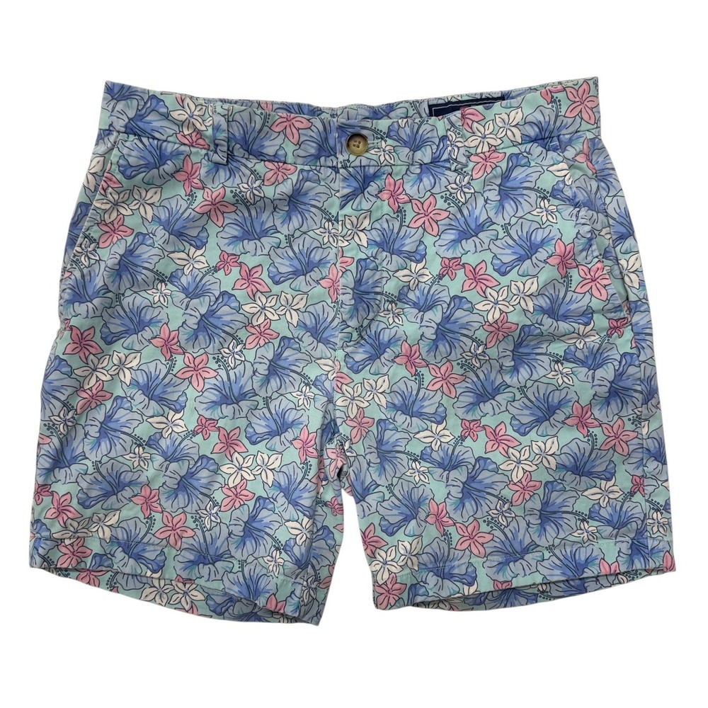 Vineyard Vines Breaker Shorts Mens 32 Blue Pink Hibiscus Floral Tropical Chino